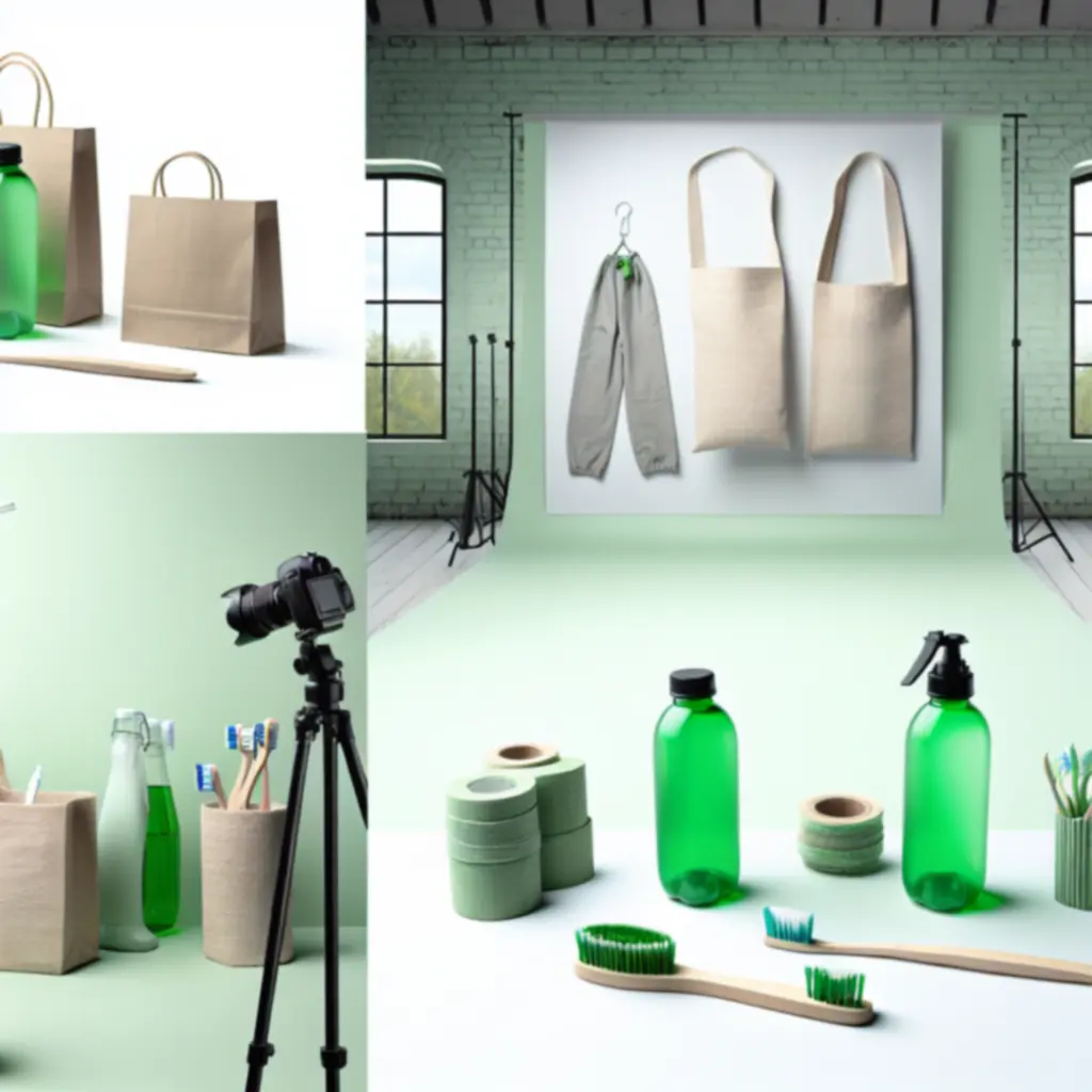 Starannie ułożony zestaw nowoczesnych, ekologicznych produktów codziennego użytku na jasnym tle.