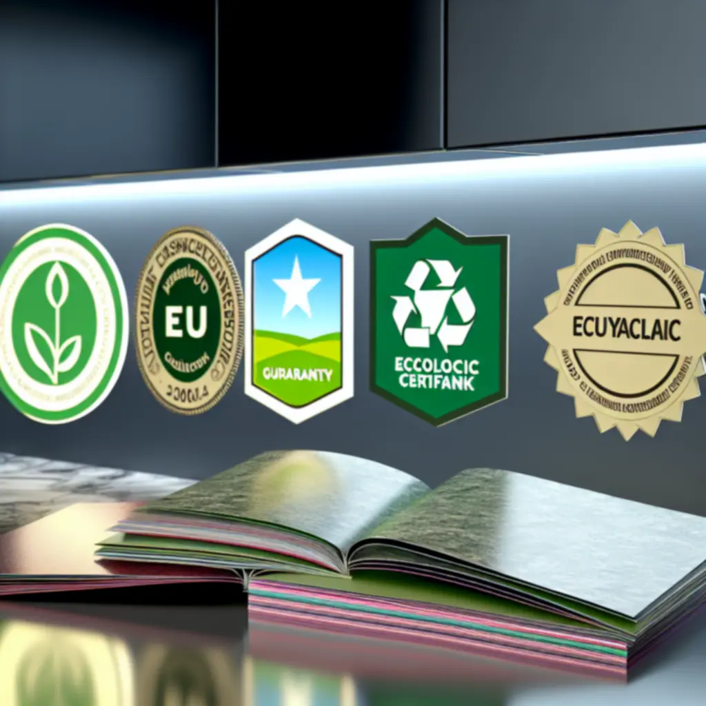 Zestaw ekologicznych certyfikatów i odznak potwierdzających pochodzenie z recyklingu