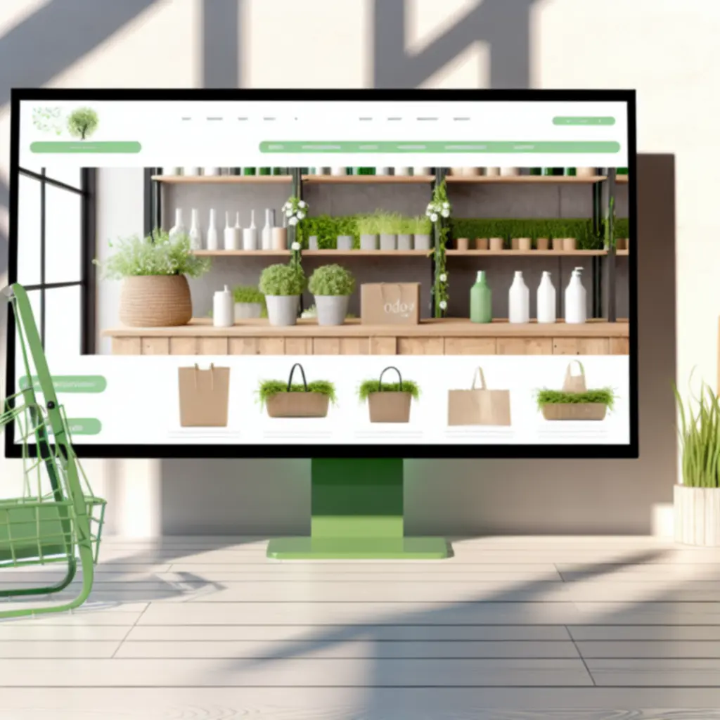 Zielone, nowoczesne wnętrze z produktami wykonanymi z materiałów z recyklingu